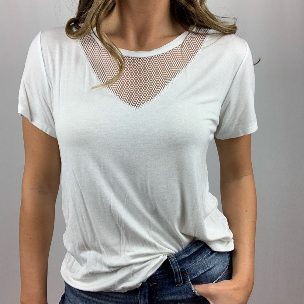 White t-shirt, mesh v neck panel